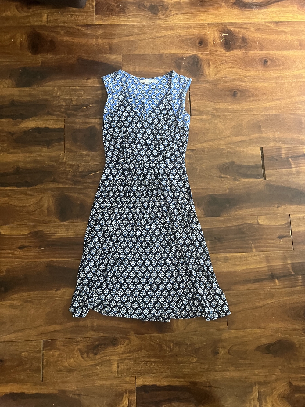 Boden Sleeveless Blue and Black Printed A-Line Dress